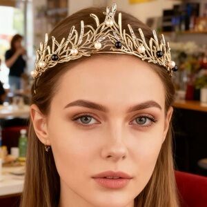 Gold Leaf Pearl and Gem Tiara Headband - Women's Hair Accessory